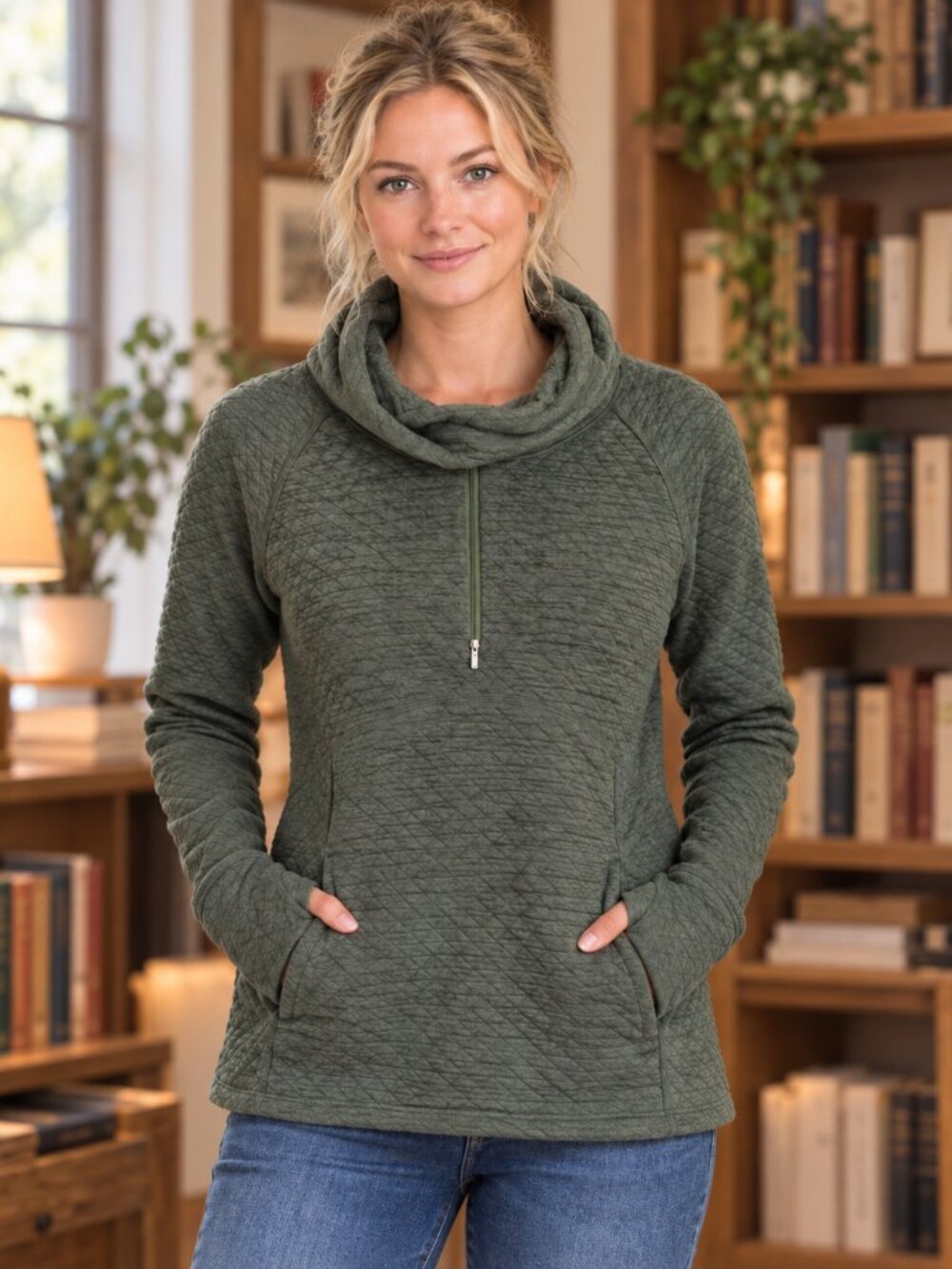 Marmot Women’s L Pullover Hoodie Green Quilted Cowl Neck Half Zip Outdoor